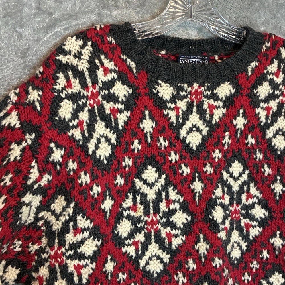 Vtg Lands End Women Hand Knit Wool Sweater L 90s Fair Isle Nordic Chunky Knit